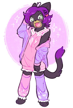 anthro blush clothing frilly frilly_clothing green_eyes hair happy heart_symbol jacket leg_warmers legwear purple_hair smile solo sparkles spread_legs spreading standing tail topwear pawberry frocta domestic_cat felid feline felis mammal 2024 digital_drawing_(artwork) digital_media_(artwork) hi_res