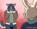 5_fingers anthro biped clothed clothing countershade_fur countershade_tail countershading duo embarrassed erection erection_under_clothing fingers fur male tail unwanted_erection fruitz charlie_(fruitz) maverick_(fruitz) canid canine canis lagomorph leporid mammal rabbit wolf