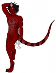 adriky1012 andromorph anthro biped black_hair clitoris digitigrade dots front_view genet genitals hair hand_behind_head intersex mammal markings navel nipples nude on_one_leg purple_eyes purple_pussy pussy raised_leg red_body refi ring_(marking) ringed_tail ryker_dale simple_background solo standing striped_markings striped_tail stripes tail tail_markings viverrid white_background