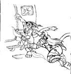 accessory anthro armor big_breasts breasts cracked_window door duo female furgonomics hair jewelry male open_mouth ring steps tail tail_accessory tail_jewelry tail_ring thick_thighs weapon window danellz kathy_(danellz) leonel_(danellz) felid lion mammal pantherine 2007 monochrome sketch traditional_media_(artwork) unfinished