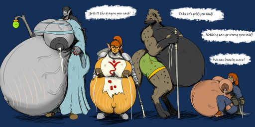 adventurer anthro bodily_fluids cleric clothing dagger female group group_pregnancy hammer hyper hyper_pregnancy lactating magic_user melee_weapon monk party pregnant pregnant_anthro rogue staff tabard text tools torn_clothing vein weapon vwpologt dungeons_and_dragons hasbro wizards_of_the_coast gnoll goblin halfling humanoid hyena mammal orc alpha_channel english_text hi_res