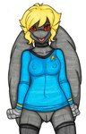 4_fingers after_transformation anthro beak bedroom_eyes big_breasts blonde_hair blue_clothing blue_shirt blue_topwear bottomless breasts choker clothed clothing cosplay eyelashes feathered_wings feathers female fingers front_view genitals grey_body grey_feathers hair jewelry leggings legwear looking_at_viewer mostly_clothed narrowed_eyes navel necklace nipple_outline open_mouth orange_sclera pupils pussy red_eyes red_sclera seductive shirt short_hair simple_background slit_pupils smile solo species_transformation spread_legs spreading standing starfleet_uniform talon_hands tongue topwear transformation white_background wings ivanks star_trek avian bird corvid corvus_(genus) oscine passerine raven