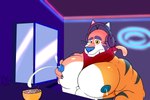 abs anthro big_pecs blue_nipples blush bodily_fluids electronics felid frosted_flakes headphones hi_res kellogg's lactating male male_lactation mammal mascot muscular nipples pantherine pecs raccoon_mints scarf solo tiger tony_the_tiger