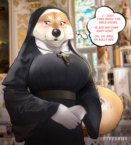 anthro baroque_architecture big_breasts blush bodily_fluids breasts church clasped_hands clothed clothing cross cross_necklace female fully_clothed fur gloves hands_together handwear jewelry looking_down necklace nervous nervous_sweat nun solo sweat text thought_bubble tight_clothing veil band1tnsfw canid canine canis domestic_dog mammal shiba_inu spitz absurd_res digital_drawing_(artwork) digital_media_(artwork) english_text half-length_portrait hi_res portrait
