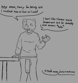 anthro balls big_penis bottomless bottomless_male cheek_tuft clothed clothing dialogue facial_tuft first_person_view flaccid foreskin fur furniture genitals grey_background huge_penis male open_mouth penis pubes simple_background solo speech_bubble table talking_to_another text topwear tuft v-neck thestinkingdinker36 felid feline mammal black_and_white digital_drawing_(artwork) digital_media_(artwork) english_text greyscale monochrome