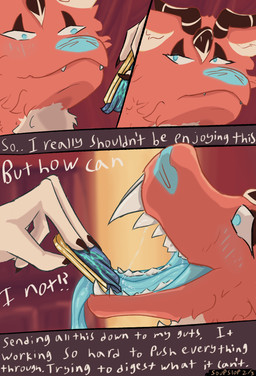 anthro blue_eyes blue_mouth blue_nose blush bodily_fluids cheek_tuft claws dialogue facial_tuft female female_pred fur horn object_vore open_mouth red_body red_fur saliva solo teeth text tuft vore white_body white_fur soupslop mythology penumbra_(soupslop) dragon furred_dragon furred_scalie mythological_creature mythological_scalie scalie comic english_text hi_res