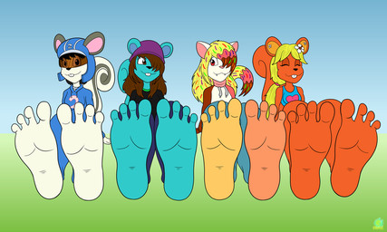 4_toes accessory anthro armor barefoot blue_body blue_fur buckteeth clothing curled_tail feet female flower flower_in_hair foot_focus fur group hair hair_accessory hair_over_eye headgear helmet humanoid_feet long_hair long_tail one_eye_obstructed paws plant plantigrade red_body red_fur simple_background soles tail teeth toes white_body white_fur mintymousyx_(artist) domestic_cat felid feline felis mammal mouse murid murine rodent sciurid tree_squirrel source_request