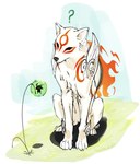 black_nose duo female feral fur markings outside quadruped question_mark sitting white_body white_fur white_inner_ear meow286 capcom clover_studio okami_(capcom) amaterasu_(okami) issun_(okami) canid canine canis deity domestic_dog mammal poncle wolf 2020 hi_res