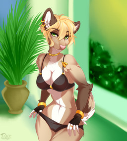 anthro big_breasts bikini bikini_pull black_body black_bottomwear black_clothing black_fur black_topwear blonde_hair bottomwear bra bracelet breasts brown_body brown_fur brown_tail camel_toe choker cleavage clothed clothing clothing_pull countershading detailed_background ear_piercing ear_ring female fingerless_(marking) front_view fully_clothed fur gloves_(marking) gold_(metal) gold_bracelet gold_choker gold_ear_ring gold_jewelry gold_necklace green_eyes hair humanoid_hands jewelry legs_together looking_at_viewer markings midriff multicolored_body multicolored_fur multicolored_tail navel necklace panties piercing pink_nose plant plant_pot pose potted_plant ring ring_piercing short_hair skimpy slim solo standing swimwear swimwear_pull tail tan_body tan_fur tan_tail topwear two-piece_swimsuit underwear undressing white_body white_fur white_tail pacevanrign mammal unknown_species 2016 digital_media_(artwork) hi_res pinup portrait three-quarter_portrait watermark