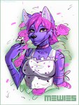 anthro biped black_nose breasts clothing collar daisy_(flower) dress female flower fur hair heart_symbol holding_flower holding_object looking_at_viewer pattern_clothing pink_collar pink_hair plant purple_body purple_fur smile solo sleepyhelen mewies canid canine fox mammal 2021 3:4 hi_res