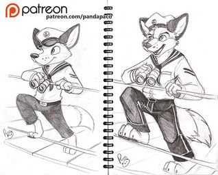 anthro binoculars clothed clothing glistening glistening_eyes glistening_nose hat headgear headwear holding_binoculars holding_object logo male open_mouth open_smile smile solo standing text uniform young young_anthro young_male pandapaco canid canine fox mammal artist_logo multiple_images signature sketch spot_color url