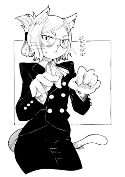 anthro ascot blush bottomwear clothed clothing collared_shirt dress_shirt ear_tuft eyewear female fur glasses hair shirt skirt solo text topwear tuft whiskers sim5si hitoner miss_tonerico domestic_cat felid feline felis mammal 2024 digital_media_(artwork) japanese_text line_art monochrome translation_request
