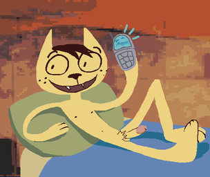 anthro balls bed bedding bedroom brown_nipples electronics fangs feet freckled_face freckles fur furniture genitals glans hair holding_object holding_phone humanoid_genitalia humanoid_penis lying male navel nipples nude on_back on_bed open_mouth open_smile paws penis phone pillow pink_glans pubes raised_leg smile solo teeth text yellow_body yellow_eyes yellow_fur alexis_wasilla a_kitty_bobo_show kitty_bobo domestic_cat felid feline felis mammal lineless