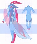 ambiguous_gender anthro biped blue_body mandibles no_pupils pattern_background pink_body red_eyes simple_background solo corzh77 arthropod 2020 dated hi_res model_sheet signature