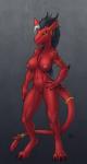 2015 anthro aurancreations breasts demon dragon ear_piercing female genitals hair hi_res horn jewelry looking_at_viewer muscular muscular_anthro muscular_female mythological_creature mythological_scalie mythology nipples non-mammal_breasts nude piercing pussy red_body red_skin scalie smile solo tail zarana