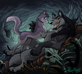 animal_skull antlers bone cave claws duo fangs feet female feral half_blind horn leaning_over male paws scar sitting skull tail teeth toony papupaws canid canine canis canis_lupus mammal wolf