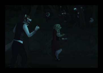 ambiguous_gender anthro basket being_watched black_border blood bodily_fluids border claws cloak clothed clothing container costume dark female forest furgonomics glowing glowing_eyes green_hair group hair holidays looking_at_another male night open_mouth picnic_basket plant rock scared stalker tail tail_clothing teeth tree walking worried detts fairy_tales halloween little_red_riding_hood_(copyright) alliy little_red_riding_hood canid canine crocodile crocodilian mammal reptile scalie 2014 dark_theme hi_res