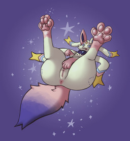 4_toes anus bedroom_eyes big_tail blue_sclera bodily_fluids clitoral clitoral_masturbation constellation feet female feral fluffy fluffy_tail freckles genital_fluids genitals glistening glistening_anus humanoid_genitalia humanoid_vulva kerchief kerchief_only legs_up masturbation narrowed_eyes neckerchief neckwear purple_background ribbons_(anatomy) seductive simple_background solo spread_legs spreading star tail toes tongue tongue_out vaginal_fluids vulva lolpiss nintendo pokemon astral_(callmesylvie) eeveelution generation_6_pokemon pokemon_(species) sylveon absurd_res hi_res