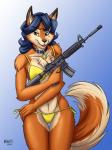 anthro ar-15 ar_platform bikini blue_hair bra breasts brown_eyes camel_toe chest_tuft clothed clothing collar female fully_clothed fur gun hair holding_gun holding_object holding_ranged_weapon holding_rifle holding_weapon looking_at_viewer markings mole_(marking) multicolored_body multicolored_fur multicolored_tail orange_body orange_fur ranged_weapon rifle simple_background skimpy smile solo stoner_rifle swimwear tail trigger_discipline tuft two-piece_swimsuit two_tone_body two_tone_fur underwear weapon heresy_(artist) sly_cooper_(series) sony_corporation sony_interactive_entertainment sucker_punch_productions carmelita_fox canid canine fox mammal 3:4 digital_media_(artwork) hi_res shaded