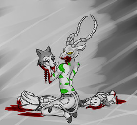 back_groove bad_end blank_stare blood blood_on_mouth blood_puddle blouse bodily_fluids bottomwear clothed clothing content corpse dead_eyes death decapitation dress eye_bags eyes_closed female female_death female_prey gore hard_vore holding_head horn killing licking licking_lips looking_at_viewer male male_death male_pred male_prey morbid nightmare_fuel pants pattern_bottomwear pattern_clothing pattern_pants role_reversal severed_body_part severed_head smile snuff spine striped_bottomwear striped_clothing striped_pants stripes suspenders tattoo tongue tongue_out topless topless_male topwear vore yellow_eyes e254e beastars haru_(beastars) legoshi_(beastars) melon_(beastars) antelope bovid canid canine canis domestic_rabbit dwarf_rabbit felid gazelle hybrid lagomorph leopard leporid mammal oryctolagus pantherine rabbit wolf digital_media_(artwork) hi_res