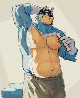 4_fingers anthro biceps black_nose chest_tuft claws clothed clothing fingers holding_bone male musclegut muscular muscular_anthro muscular_male navel topless topless_anthro topless_male triceps tuft limiz starlimisky bluey_(series) bandit_heeler australian_cattle_dog canid canine canis cattledog domestic_dog herding_dog mammal pastoral_dog 2025 colored hi_res