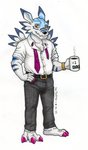 anthro beverage blue_body blue_fur coffee fur male necktie solo striped_body stripes text toxstar bandai_namco digimon dadgarurumon_(original_character) digimon_(species) weregarurumon absurd_res english_text hi_res