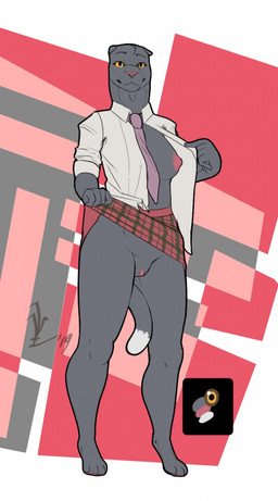 anthro areola bottomwear breasts clothed clothing clothing_lift female flashing flashing_breasts flashing_pussy fur genitals kilt kilt_lift looking_at_viewer necktie nipples no_underwear open_clothing open_shirt open_topwear shirt simple_background smile solo standing tail topwear vulva lavasi felid mammal pantherine digital_media_(artwork) hi_res