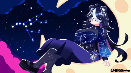 bear_ears black_hair blue_clothing blue_eyes bouncing_breasts breasts cleavage clock clothed clothing constellation dress eyewear female footwear glasses hair long_hair long_socks moon round_glasses shoes smile solo star white_hair lp8000mao animal_humanoid bear humanoid mammal mammal_humanoid ursid_humanoid 16:9 animated no_sound short_playtime video widescreen