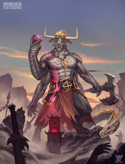 4_eyes 5_fingers anthro axe biped blood bodily_fluids bottomwear clothed clothing cloud detailed_background fingers fur grey_body grey_fur hair holding_axe holding_object holding_weapon horn magic male melee_weapon multi_arm multi_eye multi_limb navel outside sky solo standing weapon whiskers hacatiko 2021 hi_res