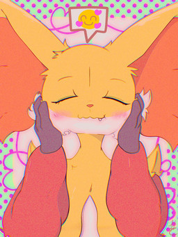 ambiguous_gender anthro black_hands blush eating emoji eyes_closed fangs fur hand_on_face happy inner_ear_fluff orange_inner_ear_fluff red_body red_fur red_nose solo teeth tuft vhs_filter wavy_mouth white_body white_fur yellow_body yellow_fur muraso_1451 nintendo pokemon delphox generation_6_pokemon pokemon_(species) 3:4 hi_res pictographics