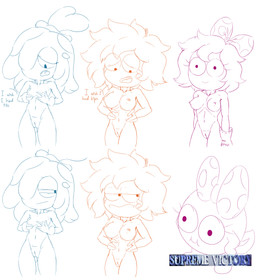 anthro bow_ribbon breasts female genitals group hair nipples short_hair simple_background small_breasts smile standing tomboy vulva irishfeller1 amphibia_(series) disney ivy_sundew maddie_flour polly_plantar amphibian frog absurd_res hi_res sketch