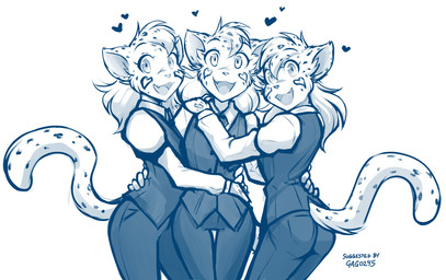 ambiguous_gender anthro butt clothed clothing cosplay female fur group heart_(marking) heart_symbol hug inner_ear_fluff looking_at_viewer looking_back markings necktie open_mouth open_smile simple_background smile spots spotted_body spotted_fur suit thigh_gap topwear tuft vest white_background conditional_dnp tom_fischbach helltaker twokinds cerberus_(helltaker) the_triplets_(twokinds) felid keidran leopard mammal pantherine 2020 adobe_photoshop_(artwork) digital_media_(artwork) hi_res monochrome sketch male_(lore) sibling_(lore) triplets_(lore)