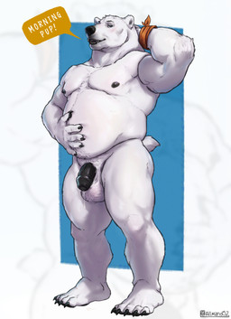 anthro balls belly big_balls big_penis black_nose black_penis blue_eyes bodily_fluids dripping flaccid foreskin fur genital_fluids genitals hand_behind_head hand_on_belly humanoid_genitalia humanoid_penis leaking_precum looking_at_viewer male manly muscular muscular_arms muscular_legs nipples nude open_mouth overweight penis precum precum_drip presenting simple_background slightly_chubby solo speech_bubble standing tail text white_body white_fur allmand52 rihad bear mammal polar_bear ursine absurd_res english_text hi_res
