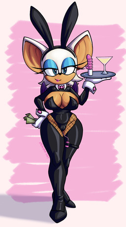 anthro areola areola_slip bat_ears bat_wings big_breasts black_clothing black_footwear blue_eyes breasts bunny_costume clothing costume dildo eyelashes fake_ears female fishnet_clothing fishnet_legwear footwear gloves handwear high_heels holding_tray legwear leotard lipstick looking_at_viewer makeup membrane_(anatomy) membranous_wings mouth_closed pink_background sex_toy shoes simple_background smile solo standing thick_thighs tray vibrator white_clothing white_gloves white_handwear wings mexicanjoe sega sonic_the_hedgehog_(series) rouge_the_bat bat mammal absurd_res hi_res