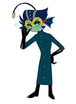 anthro black_clothing black_gloves black_handwear boots clothed clothing ear_fins eyewear fin footwear freckled_face freckles glasses gloves handwear lure_(anatomy) male shoes simple_background solo sparkles white_background enaic31 hazbin_hotel hellaverse baxter_(hazbin_hotel) anglerfish aquatic demon fish absurd_res hi_res