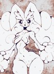 anthro breasts female fur genitals looking_at_viewer nipple_tape nude pasties pose pussy simple_background solo standing tape text thick_thighs wide_hips smokedsoul35 nintendo pokemon generation_4_pokemon lagomorph lopunny mammal pokemon_(species) digital_media_(artwork) hi_res