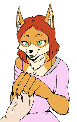 anthro bra_strap clothing duo female fur green_eyes hair hand_holding human_on_anthro interspecies male male/female pink_clothing pink_shirt pink_topwear red_hair shirt simple_background topwear yellow_body yellow_fur anonymous_artist canid canine fox human mammal hi_res