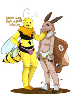 antennae_(anatomy) anthro arthropod_abdomen blush bodily_fluids bottomwear brown_body clothing duo genital_fluids insect_wings male omorashi open_mouth peeing simple_background smile stinger text urine watersports wetting wings yellow_body raveneevee leo_(retromagnetar) remy_(retromagnetar) arthropod hymenopteran insect lepidopteran moth wasp 3:4 absurd_res digital_media_(artwork) english_text hi_res nonbinary_(lore)
