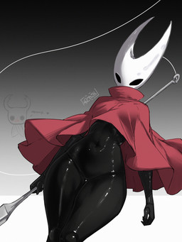 2_horns anthro black_body blush blush_lines breasts cape clothing duo dutch_angle empty_eyes female female_focus glistening glistening_body gradient_background heart_symbol holding_melee_weapon holding_object holding_polearm holding_weapon horn medium_breasts melee_weapon navel non-mammal_breasts non-mammal_navel polearm red_cape red_clothing simple_background solo_focus text thick_thighs thigh_gap weapon white_head wide_hips gy_beth hollow_knight_(franchise) team_cherry hornet_(hollow_knight) the_knight_(hollow_knight) arthropod insect 3:4 absurd_res digital_drawing_(artwork) digital_media_(artwork) english_text hi_res watermark