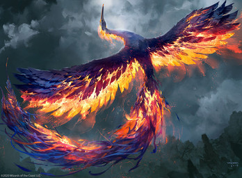 ambiguous_gender beak burning cloud feathered_wings feathers feral fire flying looking_up low-angle_view outside plant solo spread_wings tail tree wings svetlin_velinov european_mythology greek_mythology hasbro magic:_the_gathering mythology wizards_of_the_coast avian mythological_avian mythological_bird mythological_creature mythological_firebird phoenix 2019 official_art