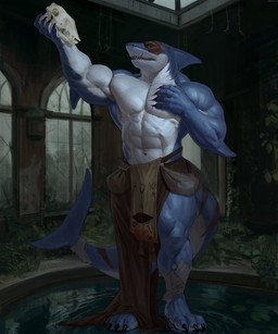 abs anthro biceps blue_body bone claws countershading facial_scar male muscular muscular_anthro muscular_male parchment pecs scar self-harm skull standing tail toe_claws bakehuolong aquatic fish shark hi_res