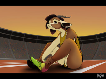 anthro black_bars brown_body brown_fur clothed clothing female footwear fur horn outside shirt shoes sitting sneakers solo stadium sunset tank_top topwear track_and_field arzdin antelope bovid gazelle mammal thomson's_gazelle true_antelope letterbox