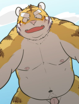 anthro belly blush bodily_fluids fur genitals humanoid_genitalia humanoid_penis kemono male moobs navel nipples outside overweight overweight_male penis pink_nose solo sweat white_body white_fur yellow_body yellow_fur kick_(artist) felid mammal pantherine tiger 2015