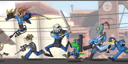 anthro bone clothed clothing flamethrower gatling_gun gloves group gun handwear hat headgear headwear holding_melee_weapon holding_object holding_sword holding_weapon humor knife machine_gun male melee_weapon membrane_(anatomy) membranous_wings minigun ranged_weapon rifle rocket_launcher sawed-off_shotgun shotgun skeleton sniper_rifle suit sword tail weapon wings 123soleil activision bandai_namco crash_bandicoot_(series) croc_(series) gex_(series) klonoa_(series) medievil_(game) mythology oddworld parappa_the_rapper rayman_(series) sony_corporation sony_interactive_entertainment spyro_the_dragon team_fortress_2 ubisoft valve valve_corporation abe_(oddworld) crash_bandicoot croc_(croc) demoman_(team_fortress_2) engineer_(team_fortress_2) gex_the_gecko heavy_(team_fortress_2) klonoa medic_(team_fortress_2) parappa pyro_(team_fortress_2) rayman scout_(team_fortress_2) sir_daniel_fortesque sniper_(team_fortress_2) soldier_(team_fortress_2) spy_(team_fortress_2) spyro bandicoot canid canine canis crocodile crocodilian domestic_cat domestic_dog dragon felid feline felis gecko lizard mammal marsupial mythological_creature mythological_scalie raypeople_(rayman) reptile scalie 2012 crossover hi_res signature