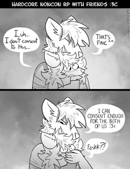 ambiguous_gender anthro blush blush_lines dialogue duo explicitly_stated_nonconsent forced hand_on_mouth humor larger_male male size_difference smaller_ambiguous speech_bubble text pankallisti circe_(pankallisti) mammal murid murine rat rodent comic english_text greyscale monochrome