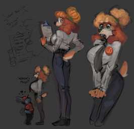 accessory anthro belt boss braces clothing duo eyewear fast_food fast_food_employee fast_food_uniform female food freckles glasses green_eyes larger_female male manager necktie shirt short_tail size_difference smaller_male tail topwear uniform wearing_glasses pajamamcham canid canine canis domestic_dog mammal hi_res