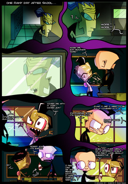 black_hair clothed clothing coat confusion dialogue duo exclamation_point eyes_closed eyewear female glasses glue green_body green_skin grey_hair hair humor innuendo inside irken_teeth locker male open_mouth purple_eyes question_mark shocked speech_bubble suggestive text tongue tongue_out topless topwear trenchcoat young lullaby_of_the_lost invader_zim nickelodeon dib_membrane ms._bitters zim_(invader_zim) alien alien_humanoid human humanoid irken mammal 2011 comic english_text hi_res
