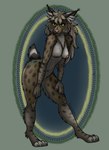 anthro breasts brown_body brown_fur cheek_tuft facial_tuft female fur green_body green_eyes green_fur hair long_hair markings navel nipples pose short_tail solo spots spotted_body spotted_fur tail tuft tufted_ears thehatredburrito bobcat felid feline lynx mammal absurd_res hi_res pinup