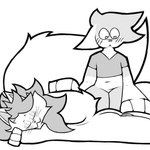 anthro backsack balls big_tail blush butt duo femboy flustered fur genitals hair long_hair looking_down lying male male/male nude on_front simple_background smile smug tail thick_thighs feline_threat flour_feline_threat domestic_cat felid feline felis mammal 1:1 digital_media_(artwork) hi_res monochrome