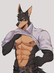 anthro bandage bandage_on_face bandage_on_nipple barazoku belt chain clothed clothing male multicolored_body muscular muscular_anthro muscular_male pecs raised_clothing raised_shirt raised_topwear scar shirt solo topwear yukayuka1346 canid canine canis dobermann domestic_dog mammal pinscher 2024 3:4 digital_media_(artwork)